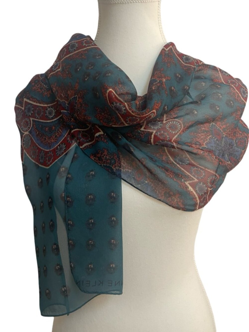 Anne Klein 100% Silk Scarf Teal Burgundy Paisley Medallion 14 x 58